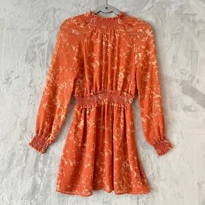 June & Hudson S Orange Floral Mini Dress Smocked Long Sleeve Mock Neck Cute